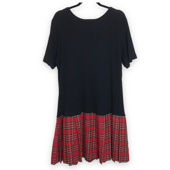 Vintage In Sync Black Ribbed Knit Drop Waist Red Tartan Plaid Dress Women's 24 - Picture 2 of 13